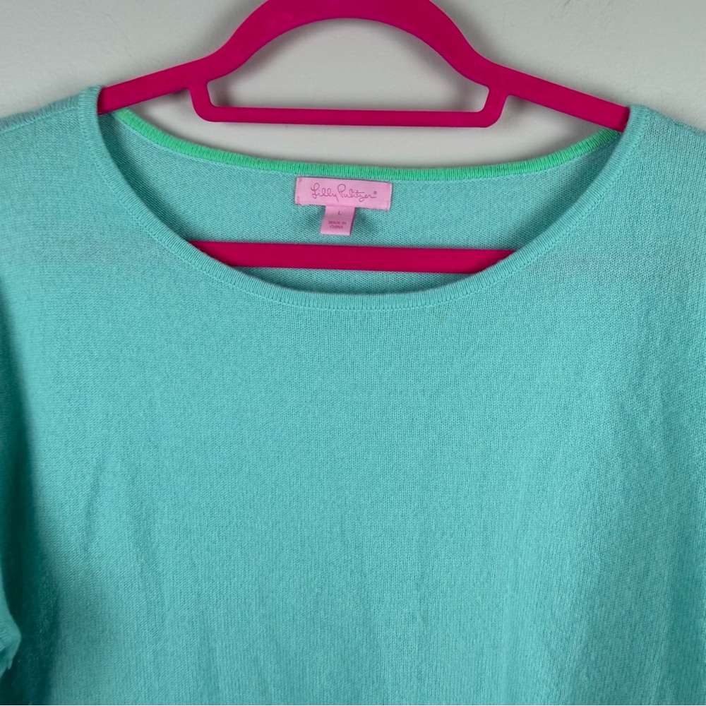 LILLY PULITZER Fairfax Fringe Blue Green Cashmere Sweater Size Large Preppy - Picture 8 of 8
